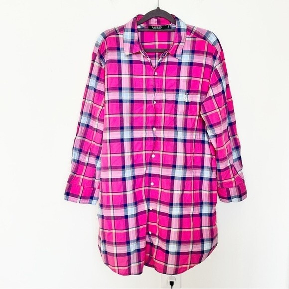 Lauren Ralph Lauren PINK PLAID SHIRT SIZE LARGE COTTON LIGHTWEIGHT BUTTON UP - Picture 2 of 6